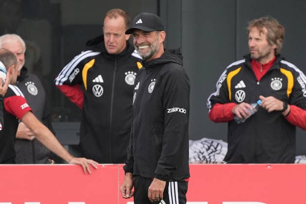 National Team Coach Jürgen Klopp Germany grins at HerzoBase on September 22, 2026 German National Team Nations League Preparation, Home Ground, HerzoBase, World of Adidas, Herzogenaurach
