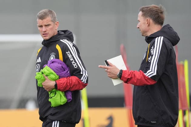 Assistant Coach Sven Bender, Germany, and Assistant Coach Pepijn Lijnders, Germany, Herzo Base, September 22, 2026, German National Team, Nations League Preparation, Home Ground, HerzoBase, World of Adidas, Herzogenaurach