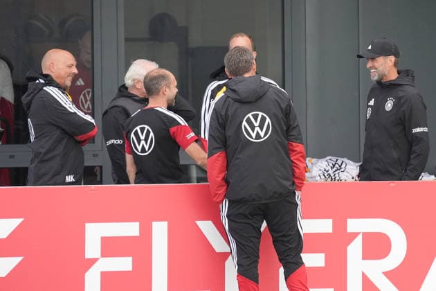 National Team Coach Jürgen Klopp, Germany, with coaching staff member Marc Kosicke, coaching staff advisor Herzo Base, September 22, 2026—German National Team Nations League preparation, Home Ground, HerzoBase, World of Adidas, Herzogenaurach