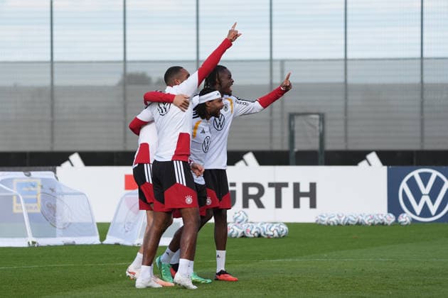 Celebrations after the win at Spielformen: Jonathan Tah, Germany; Yann Aurel Bisseck; Serge Gnabry; Herzo Base; September 22, 2026; German National Team; Nations League Preparation; Home Ground; HerzoBase; World of Adidas; Herzogenaurach