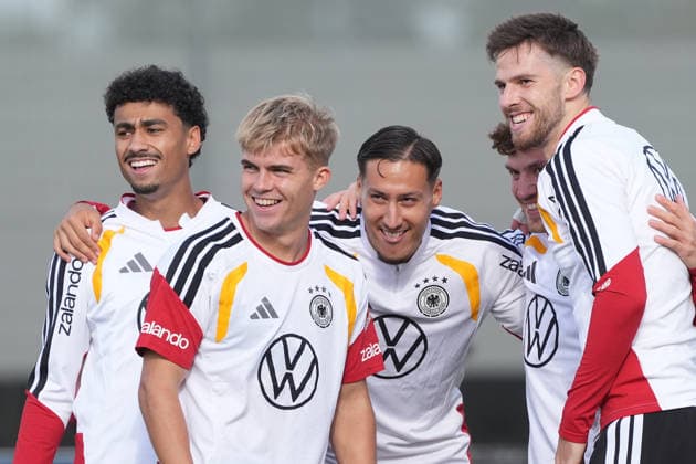 Nathaniel Brown, Germany, Younes Ebnoutalib, Germany, Hennes Behrens, Max Rosenfelder, Germany, Philipp Treu, Germany, are enjoying the training drills at Herzo Base on September 22, 2026: German National Team Nations League Preparation, Home Ground, HerzoBase, World of Adidas, Herzogenaurach