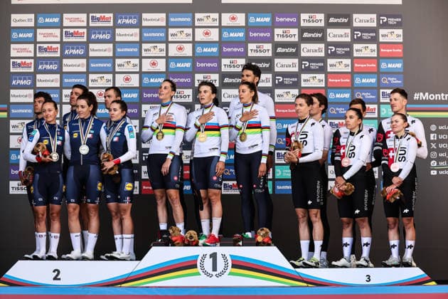 2026 UCI Road World Championships Picture by Alex Whitehead SWpix.com - 22 09 2026 - Cycling - 2026 UCI Road World Championships - Montrà al, Canada - Team Time Trial Mixed Relay Podium - Mattia Cattaneo (Italy), Filippo Ganna (Italy), Matteo Sobrero (Italy), Vittoria Guazzini (Italy), Elisa Longo Borghini (Italy), Monica Trinca Colonel (Italy) on the podium receiving the Gold Medals to become World Champions, Bruno Armirail (France), Remi Cavagna (France), Jordan Labrosse (France), Juliette Berthet (France), Marion Borras (France), Cedrine Kerbaol (France) receiving the Silver Medal and Stefan Bissegger (Switzerland), Stefan Kung (Switzerland), Mauro Schmid (Switzerland), Jasmin Liechti (Switzerland) , Marlen Reusser (Switzerland), Noemi Ruegg (Switzerland) receiving the Bronze Medal Montrà al Avenue du Parc Canada Copyright: x xSWpix.comx(t axPhotographyxHubxLtd)xAlexxWhitehead SWpix.comx SWP-3521-1319