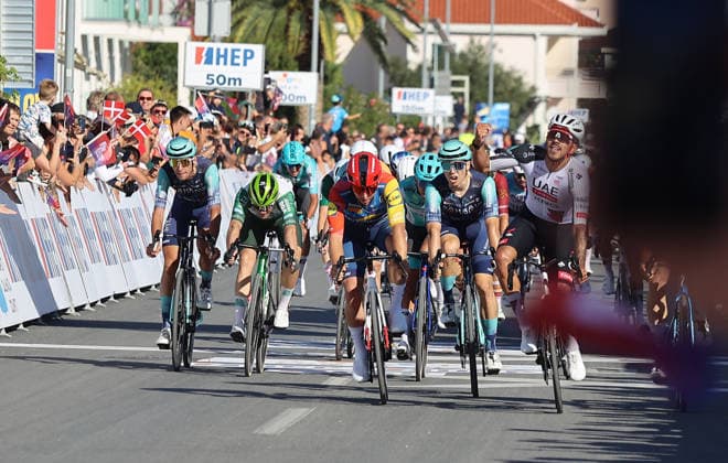 CRO Race 2026: Stage 1 Cyclists cross the finish line during the first stage of the CRO Race 2026, a 167-kilometre route from Split to Seget Donji in Seget Donji, Croatia on September 22, 2026. The six-stage race runs from September 22 to 27 across Croatia.  IvanaxIvanovic PIXSELL
