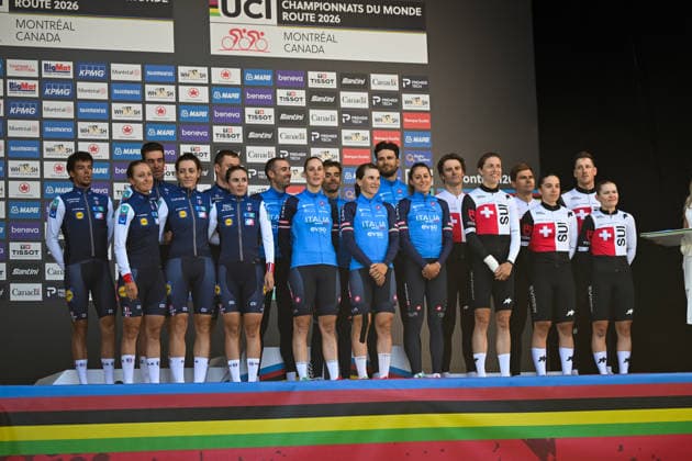 2026 UCI Road World Championships Picture by Zac Williams SWpix.com - 22 09 2026 - Cycling - 2026 UCI Road World Championships - Montrà al, Canada - Team Time Trial Mixed Relay Podium - Mattia Cattaneo, Filippo Ganna, Matteo Sobrero, Vittoria Guazzini, Elisa Longo Borghini, Monica Trinca Colonel (Italy) wins the Gold Medal to become World Champion with Bruno Armirail, Remi Cavagna, Jordan Labrosse, Juliette Berthet, Marion Borras, Cedrine Kerbaol (France) receiving the Silver Medal and Stefan Bissegger, Stefan Kung, Mauro Schmid, Jasmin Liechti, Marlen Reusser, Noemi Ruegg (Switzerland) receiving the Bronze Medal Copyright: x xSWpix.comx(t axPhotographyxHubxLtd)xZacxWilliams SWpix.comx SWP-3521-1324