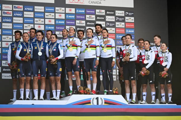 2026 UCI Road World Championships Picture by Zac Williams SWpix.com - 22 09 2026 - Cycling - 2026 UCI Road World Championships - Montrà al, Canada - Team Time Trial Mixed Relay Podium - Mattia Cattaneo, Filippo Ganna, Matteo Sobrero, Vittoria Guazzini, Elisa Longo Borghini, Monica Trinca Colonel (Italy) wins the Gold Medal to become World Champion with Bruno Armirail, Remi Cavagna, Jordan Labrosse, Juliette Berthet, Marion Borras, Cedrine Kerbaol (France) receiving the Silver Medal and Stefan Bissegger, Stefan Kung, Mauro Schmid, Jasmin Liechti, Marlen Reusser, Noemi Ruegg (Switzerland) receiving the Bronze Medal Copyright: x xSWpix.comx(t axPhotographyxHubxLtd)xZacxWilliams SWpix.comx SWP-3521-1331