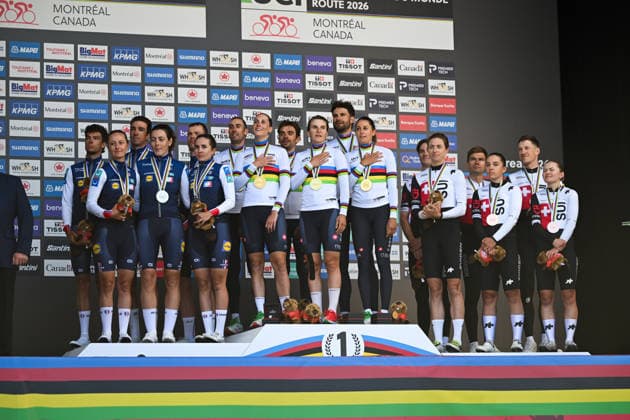 2026 UCI Road World Championships Picture by Zac Williams SWpix.com - 22 09 2026 - Cycling - 2026 UCI Road World Championships - Montrà al, Canada - Team Time Trial Mixed Relay Podium - Mattia Cattaneo, Filippo Ganna, Matteo Sobrero, Vittoria Guazzini, Elisa Longo Borghini, Monica Trinca Colonel (Italy) wins the Gold Medal to become World Champion with Bruno Armirail, Remi Cavagna, Jordan Labrosse, Juliette Berthet, Marion Borras, Cedrine Kerbaol (France) receiving the Silver Medal and Stefan Bissegger, Stefan Kung, Mauro Schmid, Jasmin Liechti, Marlen Reusser, Noemi Ruegg (Switzerland) receiving the Bronze Medal Copyright: x xSWpix.comx(t axPhotographyxHubxLtd)xZacxWilliams SWpix.comx SWP-3521-1332