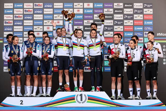 2026 UCI Road World Championships Picture by Alex Whitehead SWpix.com - 22 09 2026 - Cycling - 2026 UCI Road World Championships - Montrà al, Canada - Team Time Trial Mixed Relay Podium - Mattia Cattaneo (Italy), Filippo Ganna (Italy), Matteo Sobrero (Italy), Vittoria Guazzini (Italy), Elisa Longo Borghini (Italy), Monica Trinca Colonel (Italy) on the podium receiving the Gold Medals to become World Champions, Bruno Armirail (France), Remi Cavagna (France), Jordan Labrosse (France), Juliette Berthet (France), Marion Borras (France), Cedrine Kerbaol (France) receiving the Silver Medal and Stefan Bissegger (Switzerland), Stefan Kung (Switzerland), Mauro Schmid (Switzerland), Jasmin Liechti (Switzerland) , Marlen Reusser (Switzerland), Noemi Ruegg (Switzerland) receiving the Bronze Medal Montrà al Avenue du Parc Canada Copyright: x xSWpix.comx(t axPhotographyxHubxLtd)xAlexxWhitehead SWpix.comx SWP-3521-1337