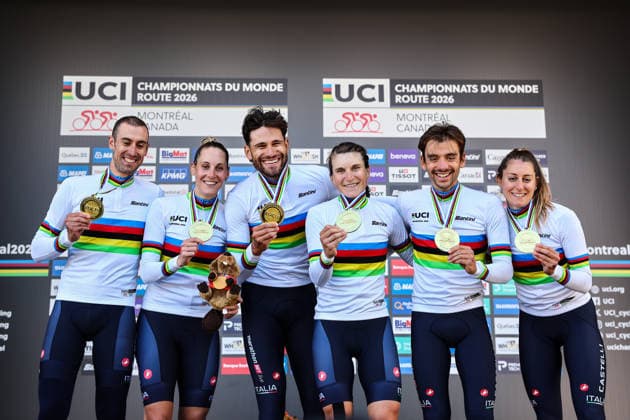 2026 UCI Road World Championships Picture by Alex Whitehead SWpix.com - 22 09 2026 - Cycling - 2026 UCI Road World Championships - Montrà al, Canada - Team Time Trial Mixed Relay Podium - Mattia Cattaneo (Italy), Filippo Ganna (Italy), Matteo Sobrero (Italy), Vittoria Guazzini (Italy), Elisa Longo Borghini (Italy), Monica Trinca Colonel (Italy) on the podium receiving the Gold Medals to become World Champions, Bruno Armirail (France), Remi Cavagna (France), Jordan Labrosse (France), Juliette Berthet (France), Marion Borras (France), Cedrine Kerbaol (France) receiving the Silver Medal and Stefan Bissegger (Switzerland), Stefan Kung (Switzerland), Mauro Schmid (Switzerland), Jasmin Liechti (Switzerland) , Marlen Reusser (Switzerland), Noemi Ruegg (Switzerland) receiving the Bronze Medal Montrà al Avenue du Parc Canada Copyright: x xSWpix.comx(t axPhotographyxHubxLtd)xAlexxWhitehead SWpix.comx SWP-3521-1338