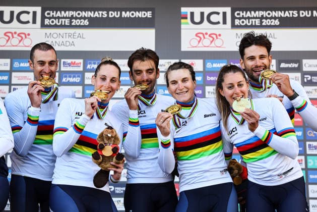 2026 UCI Road World Championships Picture by Alex Whitehead SWpix.com - 22 09 2026 - Cycling - 2026 UCI Road World Championships - Montrà al, Canada - Team Time Trial Mixed Relay Podium - Mattia Cattaneo (Italy), Filippo Ganna (Italy), Matteo Sobrero (Italy), Vittoria Guazzini (Italy), Elisa Longo Borghini (Italy), Monica Trinca Colonel (Italy) on the podium receiving the Gold Medals to become World Champions, Bruno Armirail (France), Remi Cavagna (France), Jordan Labrosse (France), Juliette Berthet (France), Marion Borras (France), Cedrine Kerbaol (France) receiving the Silver Medal and Stefan Bissegger (Switzerland), Stefan Kung (Switzerland), Mauro Schmid (Switzerland), Jasmin Liechti (Switzerland) , Marlen Reusser (Switzerland), Noemi Ruegg (Switzerland) receiving the Bronze Medal Montrà al Avenue du Parc Canada Copyright: x xSWpix.comx(t axPhotographyxHubxLtd)xAlexxWhitehead SWpix.comx SWP-3521-1339