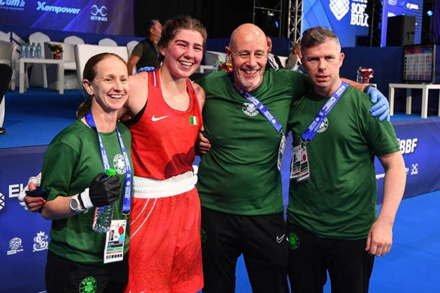 2026 European Boxing Elite Championships, Sofia, Bulgaria 22 9 2026 Women™s 85kg Quarter-Final Aoife O™Rourke vs Agata Kaczmarska Aoife O™Rourke celebrates with her coaches including Team Ireland head coach Damian Kennedy (centre right) Aoife O™Rourke celebrates with her coaches including Team Ireland head coach Damian Kennedy 22 9 2026  Copyright: xx VD2_2086