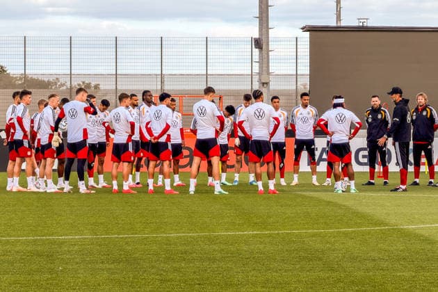 National Team Coach Jürgen Klopp of Germany addressing the team at Herzo Base on September 22, 2026; German National Team Nations League Preparation, Home Ground, HerzoBase, World of Adidas, Herzogenaurach