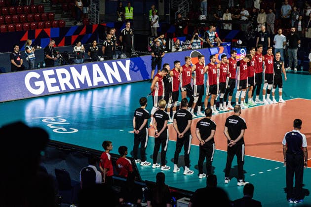 IPA88834618 - Team Germany during the national anthem before the CEV Enel Eurovolley 2026 quarterfinal match between Poland and Germany — Arena 8888 in Sofia, Bulgaria, on September 22, 2026  Copyright: xIvanxSxIvanov IPAxSportx xx IPA88834618
