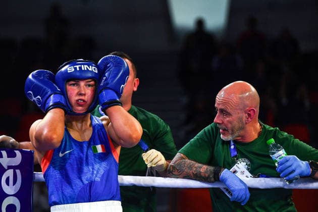 2026 European Boxing Elite Championships, Sofia, Bulgaria 22 9 2026 Women™s 80kg Quarter-Final Lisa O™Rourke vs Emily Asquith Ireland™s Lisa O™Rourke with Team Ireland head coach Damian Kennedy Lisa O™Rourke with Damian Kennedy 22 9 2026  Copyright: xx VD5_2696