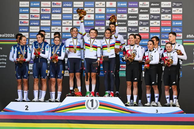 MONTREAL, QC - SEPTEMBER 22: Podium of the team time trial mixed relay, winner Team Italy stands in the middle, in second place Team France and in third place Team Switzerland at 2026 UCI Road World Championship, WM, Weltmeisterschaft on September 22, 2026, in Montreal, QC (Photo by David Kirouac Icon Sportswire) CYCLING: SEP 22 UCI Road World Championship EDITORIAL USE ONLY Icon26092200126