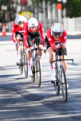 MONTREAL, QC - SEPTEMBER 22: Team Canada men races during the team time trial mixed relay at 2026 UCI Road World Championship, WM, Weltmeisterschaft on September 22, 2026, in Montreal, QC (Photo by David Kirouac Icon Sportswire) CYCLING: SEP 22 UCI Road World Championship EDITORIAL USE ONLY Icon26092200926
