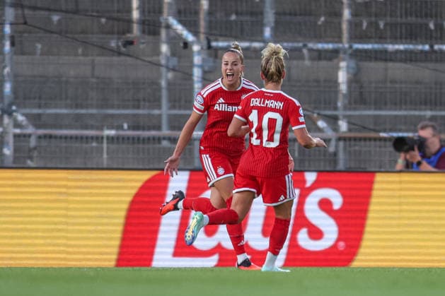 GER, Munich, FC Bayern Munich vs. Manchester City, Women s Champions League, Soccer, UEFA, 2026–2027 Season, uhlsport Park, Matchday 1 in Pictures: Giulia Gwinn, FC Bayern Munich Women 7, Goal, Celebration and joy, emotions, goal scored. DFB and DFL regulations prohibit any use of photographs as image sequences and or quasi-video. September 22, 2026 Copyright: HMBxMedia HendrikxHamelau