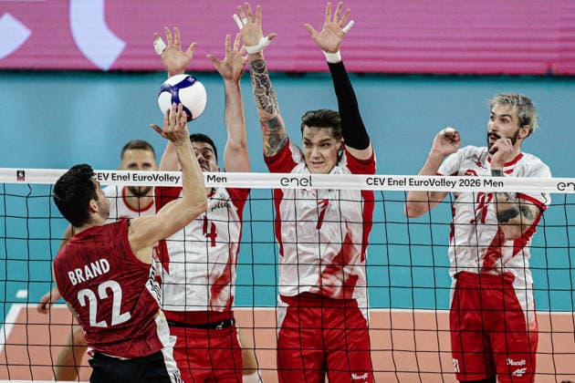 IPA88836056 - Germany s Tobias Christian Brand in action against Poland s Marcin Komenda, Batrlomiej Lemanski, and Tomasz Fornal during the CEV Enel Eurovolley 2026 quarterfinal match between Poland and Germany - Arena 8888 in Sofia, Bulgaria, on September 22, 2026  Copyright: xIvanxSxIvanov IPAxSportx xx IPA88836056
