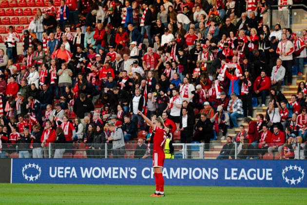 September 22, 2026, GER, Soccer, Women s, UEFA Women s Champions League, 2026–2027 Season, Matchday 1, FC Bayern Munich Women vs. Manchester City Giulia Gwinn FC Bayern Munich 7 Goal celebration after scoring the 1–0 goal Munich Sportpark Unterhaching Bavaria Germany Copyright: xNordphoto Vux
