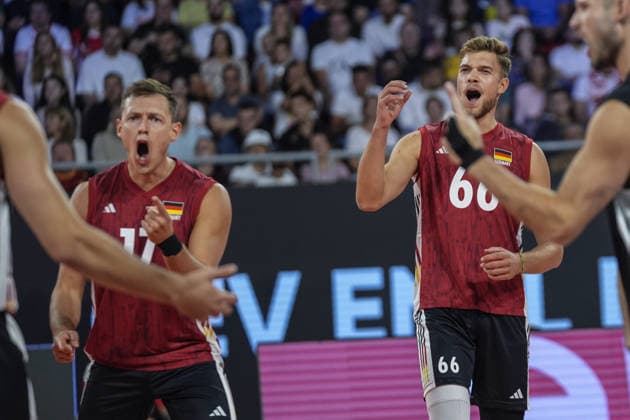 Poland v Germany - CEV Men s European Volleyball Championship 2026 quarterfinal SOFIA, BULGARIA - SEPTEMBER 22: Players of Germany celebrate after a point during the CEV Men s European Volleyball Championship 2026 quarterfinal match between Poland and Germany at Arena 8888 in Sofia, Bulgaria on September 22, 2026. Osmancan Gurdogan Anadolu Sofia Bulgaria. Editorial use only. Please get in touch for any other usage.  Copyright: x2026xAnadoluxOsmancanxGurdoganx