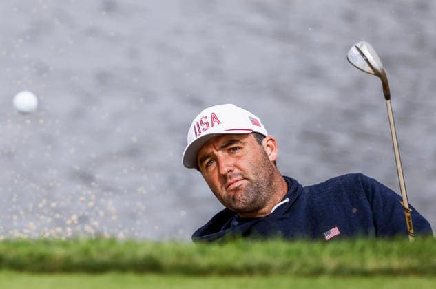 Scottie Scheffler of the US hits from a sand trap by the thirteenth green during practice for the Presidents Cup golf tournament at Medinah Country Club in Medinah, Illinois on Tuesday, September 22, 2026. Competition between the USA and the International team begins on Thursday, September 24 with Four-Ball play.  MED20260922917 TANNENxMAURY
