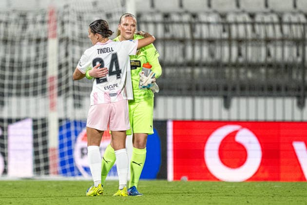 September 22, 2026: Tabitha Michelle Tindell and goalkeeper Hanna Karlsson of Häcken after the Women’s Champions League soccer match between Inter and Häcken on September 22, 2026 in Monza. Photo by Carl Sandin. BILDBYRAN code CS CS0982 soccer football UEFA Women’s Champions League Inter Häcken women’s soccer  Copyright: CARLxSANDIN BB260922CS087