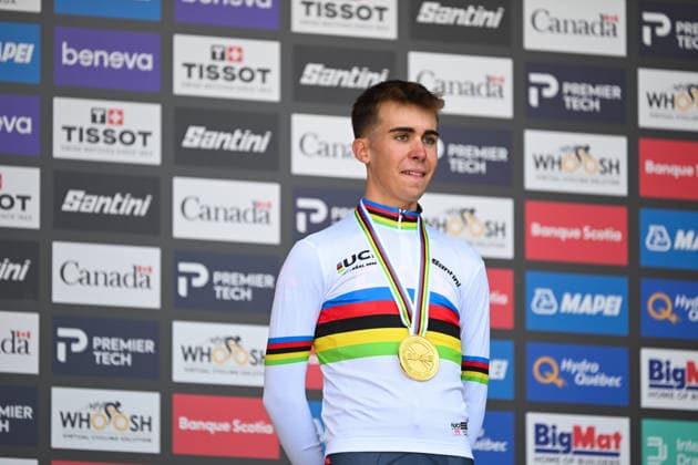 2026 UCI Road World Championships Picture by Zac Williams SWpix.com - 22 09 2026 - Cycling - 2026 UCI Road World Championships - MontrÃ al, Canada - Men Junior Individual Time Trial (ITT) Podium - Benjamin Noval (Spain) wins the Gold Medal to become World Champion Copyright: x xSWpix.comx(t axPhotographyxHubxLtd)xZacxWilliams SWpix.comx SWP-3521-1596