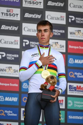 2026 UCI Road World Championships Picture by Zac Williams SWpix.com - 22 09 2026 - Cycling - 2026 UCI Road World Championships - MontrÃ al, Canada - Men Junior Individual Time Trial (ITT) Podium - Benjamin Noval (Spain) wins the Gold Medal to become World Champion Copyright: x xSWpix.comx(t axPhotographyxHubxLtd)xZacxWilliams SWpix.comx SWP-3521-1601