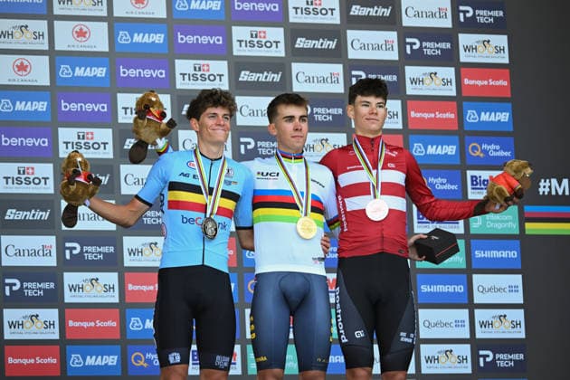 2026 UCI Road World Championships Picture by Zac Williams SWpix.com - 22 09 2026 - Cycling - 2026 UCI Road World Championships - MontrÃ al, Canada - Men Junior Individual Time Trial (ITT) Podium - Benjamin Noval (Spain) wins the Gold Medal to become World Champion with Vic de Smet (Belgium) receiving the Silver Medal and Malthe Risbjerg (Denmark) receiving the Bronze Medal Copyright: x xSWpix.comx(t axPhotographyxHubxLtd)xZacxWilliams SWpix.comx SWP-3521-1608
