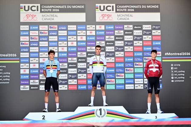 UCI 2026 Road World Championship, WM, Weltmeisterschaft Montreal 22 09 2026 MONTREAL, CANADA - SEPTEMBER 22 : silver medal De Smet Vic (BEL), gold medal Noval Benjamin (ESP) and bronze medal Risbjerg Malthe (DEN) pictured during the podium ceremony of the Men Junior Individual Time Trial of the 2026 UCI Road World Championships 93th edition an UCI World Championships cycling race of 20.3 km with start in Montreal and finish in Montreal on September 22, 2026 in Montreal, Canada, 22 09 2026 Montreal Canada  Copyright: xPeterxDexVoechtx