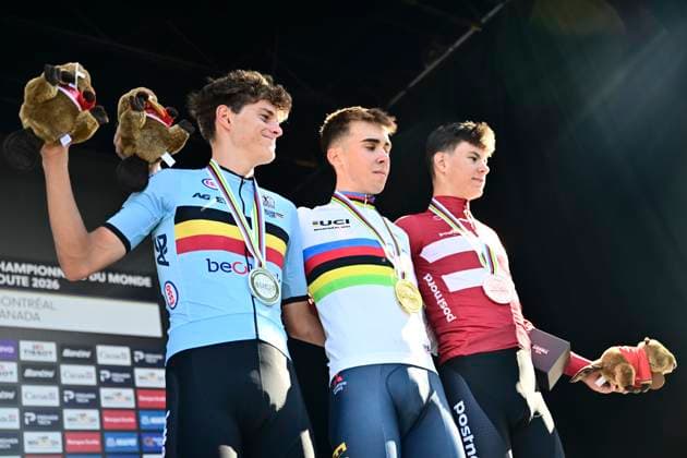 UCI 2026 Road World Championship, WM, Weltmeisterschaft Montreal 22 09 2026 MONTREAL, CANADA - SEPTEMBER 22 : silver medal De Smet Vic (BEL), gold medal Noval Benjamin (ESP) and bronze medal Risbjerg Malthe (DEN) pictured during the podium ceremony of the Men Junior Individual Time Trial of the 2026 UCI Road World Championships 93th edition an UCI World Championships cycling race of 20.3 km with start in Montreal and finish in Montreal on September 22, 2026 in Montreal, Canada, 22 09 2026 Montreal Canada  Copyright: xPeterxDexVoechtx