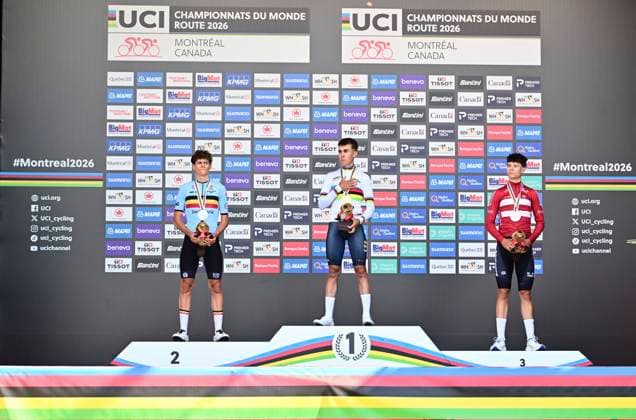 UCI 2026 Road World Championship, WM, Weltmeisterschaft Montreal 22 09 2026 MONTREAL, CANADA - SEPTEMBER 22 : silver medal De Smet Vic (BEL), gold medal Noval Benjamin (ESP) and bronze medal Risbjerg Malthe (DEN) pictured during the podium ceremony of the Men Junior Individual Time Trial of the 2026 UCI Road World Championships 93th edition an UCI World Championships cycling race of 20.3 km with start in Montreal and finish in Montreal on September 22, 2026 in Montreal, Canada, 22 09 2026 Montreal Canada  Copyright: xPeterxDexVoechtx