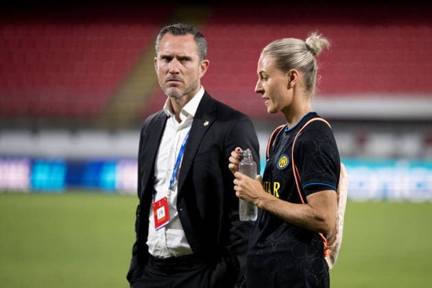 September 22, 2026: Martin Ericsson, head of sports at Häcken, and Emma Kullberg of Inter after the Women’s Champions League soccer match between Inter and Häcken on September 22, 2026 in Monza. Photo by Carl Sandin. BILDBYRAN code CS CS0982 soccer football fotball UEFA Women s Champions League Inter Häcken women s team BBENG soccer football fotball UEFA Women s Champions League Inter Häcken women s team BBENG  Copyright: CARLxSANDIN BB260922CS105
