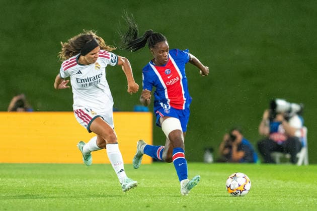 MADRID, SPAIN - SEPTEMBER 22: Naomie Feller (18) of PSG and Andreia Jacinto (17) of Real Madridduring the UEFA Womens champions league match between Real Madrid and Paris Saint Germain, league phase, on September 22, 2026 in Madrid, Spain. Copyright: xAdelinaxCobos SPPx Sportspressphoto_SPR237362