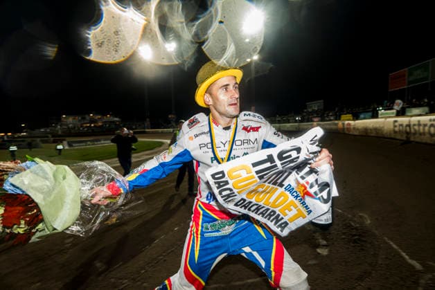 260922 Dackarna Malilla s Andreas Lyager celebrates after Game 2 of the Elitserien finals between Västervik and Dackarna Malilla on September 22, 2026, in Västervik  Copyright: OSCARxWALLIN BB260922BB619