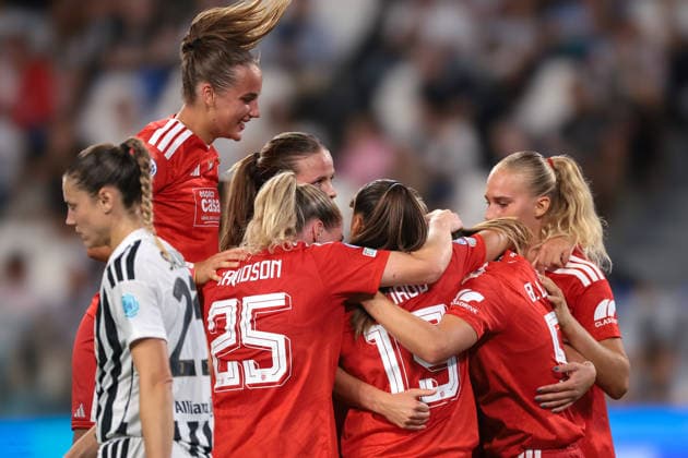 Juventus Women v SL Benfica Women - UEFA Womens Champions League - League Phase Matchday 1 - Season 2026-2027 Turin, Italy, 22nd September 2026. Marit Bratberg Lund of SL Benfica celebrates with team mates after scoring a penalty to give the visitors a 1-0 lead during the Juventus Women vs SL Benfica Women UEFA Womens Champions League, League Phase, Matchday 1, match at Juventus Stadium, Turin. Picture credit should read: Jonathan Moscrop Turin Juventus Stadium Italy