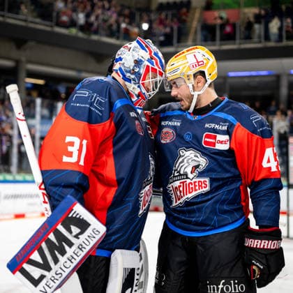 September 22, 2026 Ice Hockey Season 2026–2027 Penny DEL Nuremberg Ice Tigers Icetigers Adler Mannheim ThHa xthxhax Niklas Treutle 31, Nuremberg Ice Tigers, NIT Greg Meireles 43, Nuremberg Ice Tigers, NIT Celebration, Joy