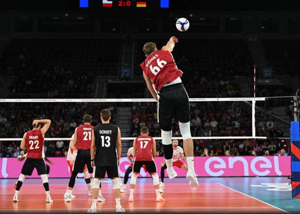Poland And Germany Battle For Semifinal Spot At EuroVolley 2026 OFIA, BULGARIA - SEPTEMBER 22: Erik Roehrs ( 66) of Germany leaps high at the baseline to unleash a powerful jump serve during their CEV Enel EuroVolley 2026 Men quarterfinal match at Arena 8888 Sofia in Sofia, Bulgaria, on September 22, 2026. Sofia Bulgaria  Copyright: xArturxWidakx originalFilename:widak-polandan260922_npUt7.jpg