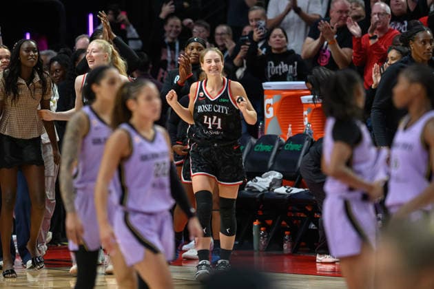 Portland, Oregon - September 22nd: Karlie Samuelson of Portland Fire runs out to celebrate the win during the Womens National Basketball Association game between Portland Fire and Golden State Valkyries at Moda Center on September 22nd, 2026 in Portland, Oregon. Copyright: xDanteyxBuitureidax xSPPx Sportspressphoto_SPR237531