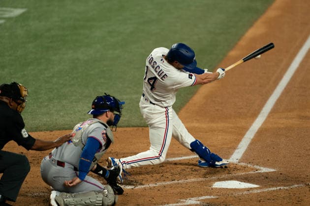 New York Mets Vs Texas Rangers - September 22, 2026 Justin Foscue of the Texas Rangers swings at a pitch during the game between the New York Mets and Texas Rangers at Globe Life Field in Arlington, Texas, on September 22, 2026. Arlington Texas United States  Copyright: xSethxGarberx originalFilename:garber-newyorkm260922_npvix.jpg