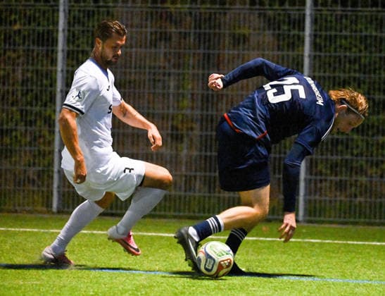 September 22, 2026, xpsx, Hessen Cup Round of 16, Germania Dörnigheim vs. TSV Steinbach Haiger; from left: Nick Galle (Steinbach), Frederik Novak (Dörnigheim), Maintal, Hessen, Germany, DEU