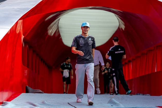 BAKU, AZERBAIJAN: George Russell, racing for the Mercedes team during the 2026 Formula 1 Azerbaijan Grand Prix at the Baku City Circuit in Baku, Azerbaijan