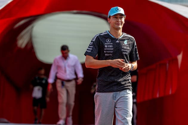 BAKU, AZERBAIJAN: George Russell, racing for the Mercedes team during the 2026 Formula 1 Azerbaijan Grand Prix at the Baku City Circuit in Baku, Azerbaijan