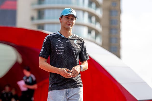 BAKU, AZERBAIJAN: George Russell, racing for the Mercedes team during the 2026 Formula 1 Azerbaijan Grand Prix at the Baku City Circuit in Baku, Azerbaijan
