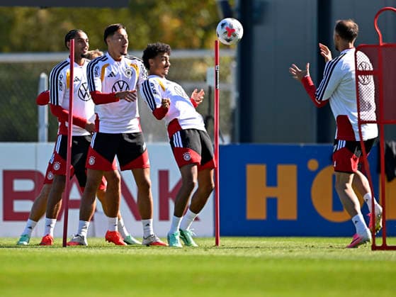 September 23, 2026, German National Soccer Team (DFB), training camp in Herzogenaurach, at ADIDAS s home base, ahead of the UEFA Nations League matches: Nathaniel Brown (Germany), Kevin Schade (Germany), Max Rosenfelder (Germany), and Younes Ebnoutalib (Germany)