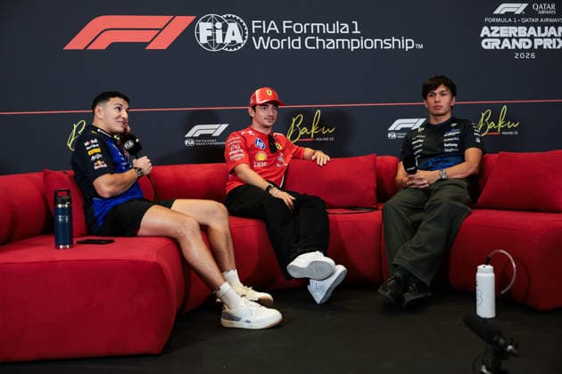 F1 - AZERBAIJAIN GRAND PRIX 2026 HADJAR Isack (fra), Red Bull Racing Ford RB22, portrait, LECLERC Charles (mco), Scuderia Ferrari SF-26, portrait and ALBON Alexander (tha), Williams F1 Team FW48, portrait press conference, PK, Pressekonferenz during the 2026 Formula 1 Azerbaijan Grand Prix, 15th round of the 2026 Formula One World Championship, WM, Weltmeisterschaft from September 24 to 26, 2026 on the Baku City Circuit, in Baku, Azerbaijan - BakuAzerbaijan  Copyright: xEricxAlonsox