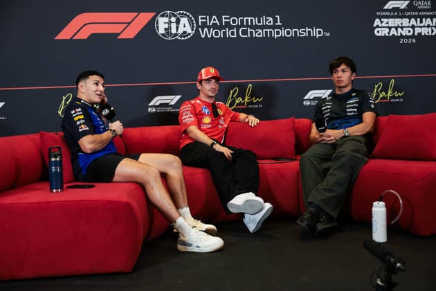 F1 - AZERBAIJAIN GRAND PRIX 2026 HADJAR Isack (fra), Red Bull Racing Ford RB22, portrait, LECLERC Charles (mco), Scuderia Ferrari SF-26, portrait and ALBON Alexander (tha), Williams F1 Team FW48, portrait press conference, PK, Pressekonferenz during the 2026 Formula 1 Azerbaijan Grand Prix, 15th round of the 2026 Formula One World Championship, WM, Weltmeisterschaft from September 24 to 26, 2026 on the Baku City Circuit, in Baku, Azerbaijan - BakuAzerbaijan  Copyright: xEricxAlonsox