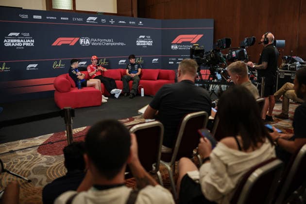 F1 - AZERBAIJAIN GRAND PRIX 2026 HADJAR Isack (fra), Red Bull Racing Ford RB22, portrait, LECLERC Charles (mco), Scuderia Ferrari SF-26, portrait and ALBON Alexander (tha), Williams F1 Team FW48, portrait press conference, PK, Pressekonferenz during the 2026 Formula 1 Azerbaijan Grand Prix, 15th round of the 2026 Formula One World Championship, WM, Weltmeisterschaft from September 24 to 26, 2026 on the Baku City Circuit, in Baku, Azerbaijan - BakuAzerbaijan  Copyright: xEricxAlonsox