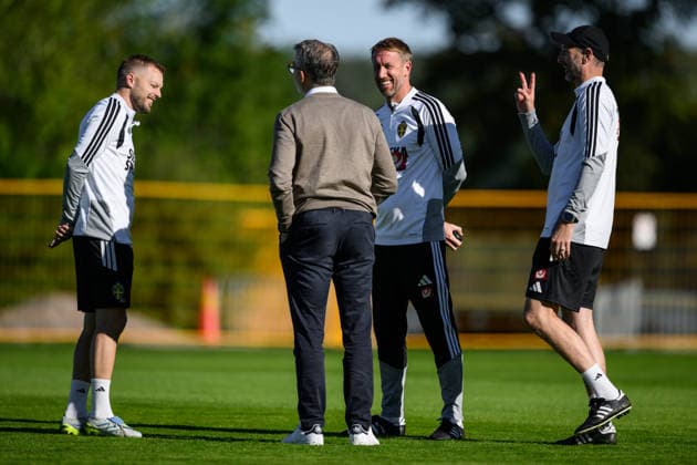 September 23, 2026: Assistant coach Sebastian Larsson, head coach Graham Potter, assistant coach Andreas Georgson, and Niclas Carlnén, general secretary, of the Swedish men’s national soccer team at a training session on September 23, 2026 in Stockholm. Photo by Jesper Zerman, BILDBYRAN, code JZ JZ0756: soccer, football, fotboll, Nations League, UEFA Nations League, training, practice, Sweden, Sweden A, bbeng Copyright: JESPERxZERMAN BB260923JZ008