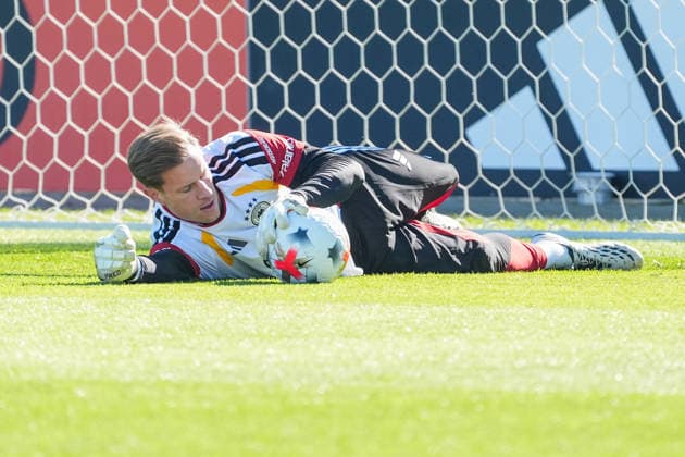 Goalkeeper Marc-André ter Stegen of Germany saves the ball at HerzoBase on September 23, 2026. German National Team: Nations League Final Training Session at Home Ground, HerzoBase, World of Adidas, Herzogenaurach