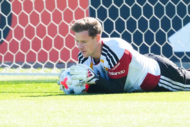 Goalkeeper Marc-André ter Stegen of Germany saves the ball at HerzoBase on September 23, 2026. German National Team: Nations League Final Training Session at Home Ground, HerzoBase, World of Adidas, Herzogenaurach